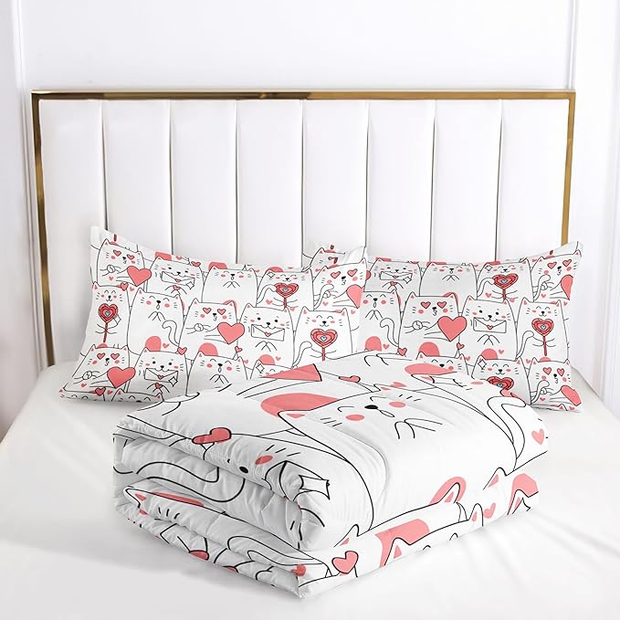 Suncloris Girls Lovely Kitten Comforter Set, Lovely Pink Heart Cats Bedding Bedspread for Kids and Adults, Kawaii Kitty Cats Pattern Quilt Bedroom Decor with 2 Pillow Cases (PinkCat, Twin)