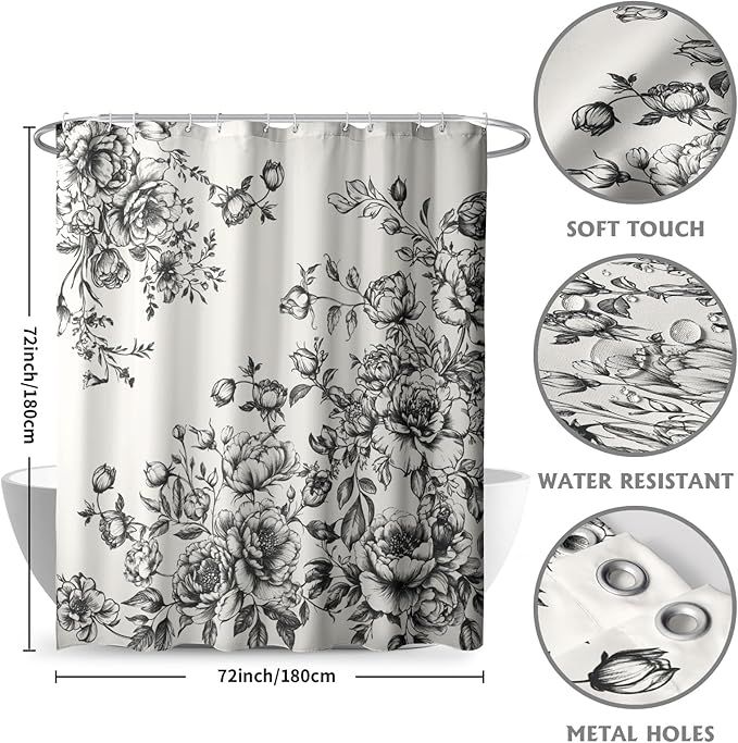 Vintage Floral Shower Curtain Chinoiserie Black White Victorian Style Floral Bathroom Curtain with Hooks Waterproof Fabric Washable Waterproof Curtain for Bathtub Decor 72x72 Inch