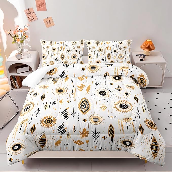 Boho Aztec Comforter Set Full Yellow Geometry Bedding Sets 3PCS for Kids Teen Adult Room Decor Ultra-Soft Lightweight Microfiber 1 Comforter with 2 Pillowcases