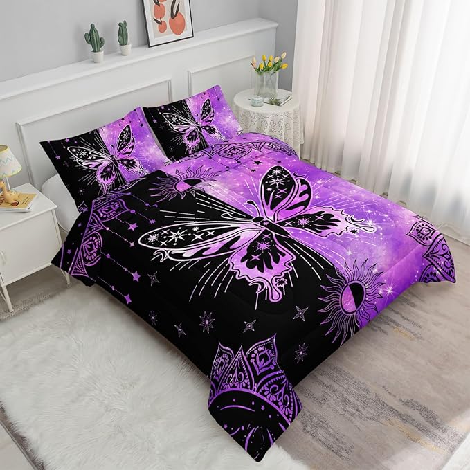 Black Purple Butterfly Comforter Set for Girls Women,Boho Butterfly Sun and Moon Mandala Printed Bedding Set with 2 Pillowcases(Black Purple Queen)