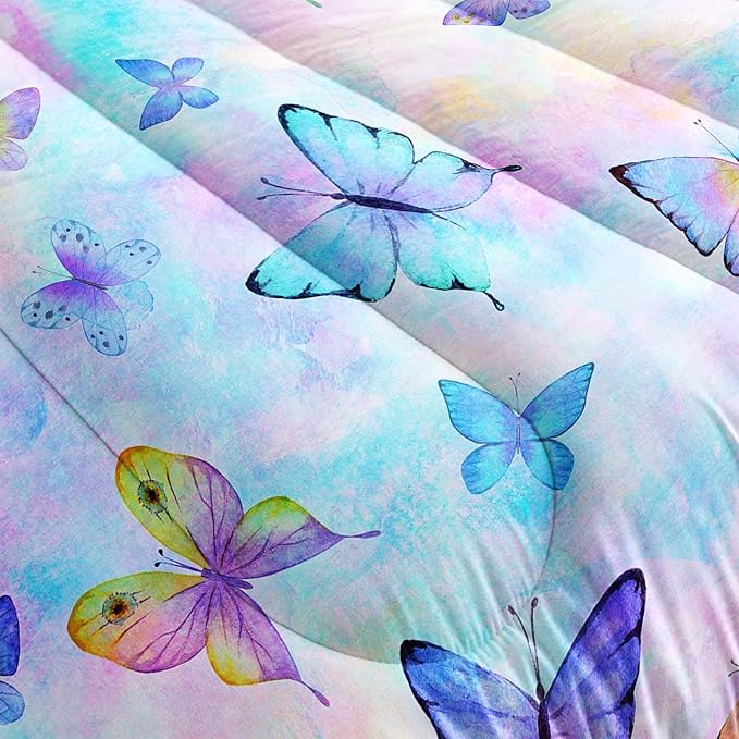 BSNTHO Butterfly Comforter Set Reversible Design Blue Tie Dye Bedding Set Twin Size Rainbow Watercolor Comforter 3 Pieces Super Soft Lightweight