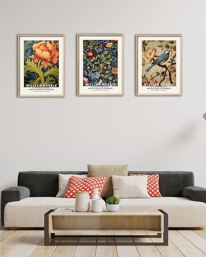 UPWOIGH Framed Wall Art, William Morris Wood Canvas Wall Art,12"x16" Cotton Pattern Colorful Botanical Bird Poster Wall Decor Aesthetic for Living Room Bedroom,Set of 3,Accessories