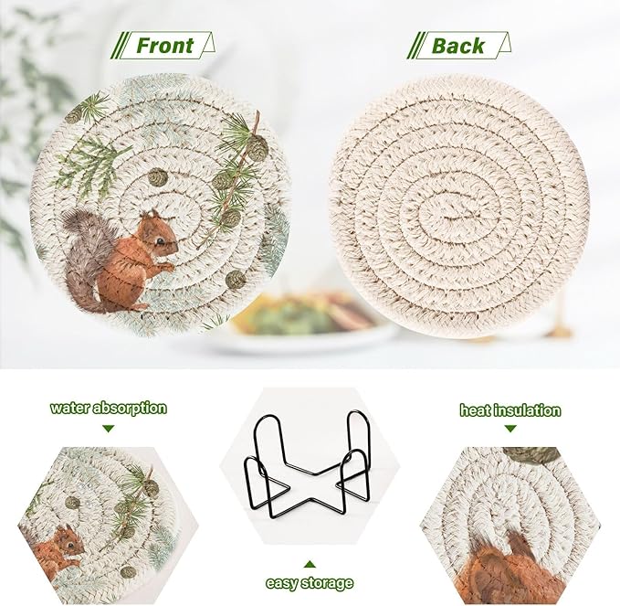 Squirrel Coasters for Drinks Set of 6 Absorbent Drink Coasters Woven for Home Decor Coffee Bar Desk Accessories