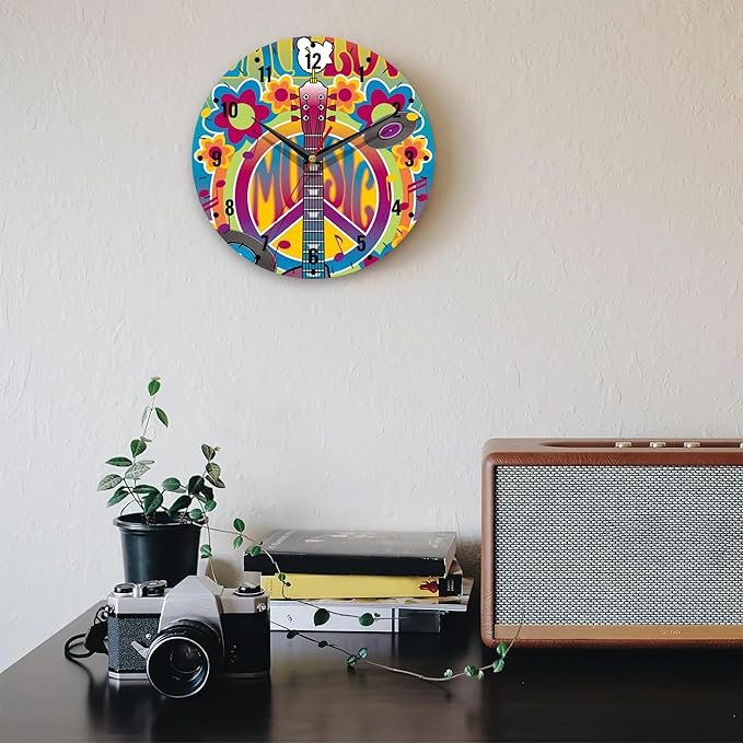 SPUNKER Clock for Bedroom,Music Guitar Kitchen Wall Clock,Peace Symbol Dove Clocks 10 Inch Silent Non-Ticking Wall Battery Operated for Living Room Bedroom Bathroom Laundry Room Decor