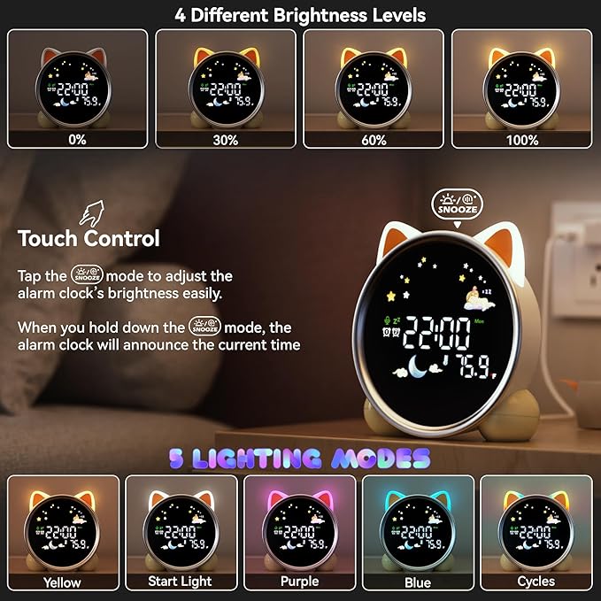 winshine Alarm Clock for Kids, OK to Wake Kids Alarm Clock, 5 Colors RGBW Night Light Dual Alarm Toddler Sleep Training Clock Stay-in-Bed Clock, Cute Clock Birthday Gift for Teen Boys Girls (Cat)…