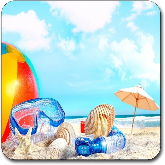 Summer Beach Pattern Square Coaster Set - Made of Recycled Rubber - Set of 4 …