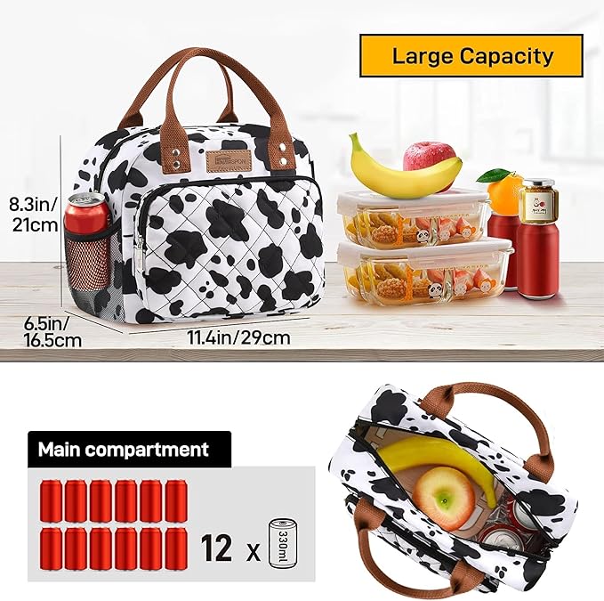 Buringer HOMESPON Lunch Bag for Woman Man Adults with Front Pocket Insulated Lunch Tote Lunch Box Container for Work Picnic or Travel(Cow with Side Pockets)