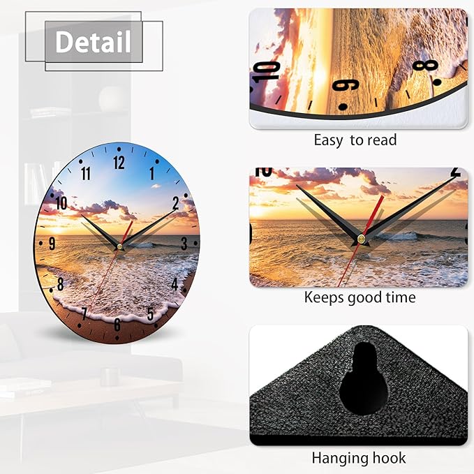 SPUNKER Clocks for Living Room,Ocean Beach Kitchen Wall Clock,Sea Sunrise Clocks 10 Inch Silent Non-Ticking Wall Battery Operated for Living Room Bedroom Bathroom Laundry Room Decor