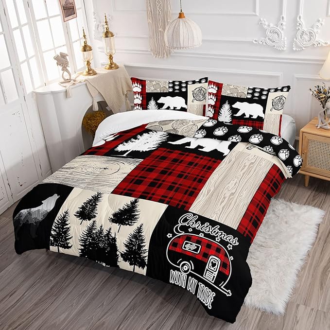 Wild Camp Kids Comforter Bedding Set for Boys Girls,Tree Bear Print and Wooden Pattern Collage Comforter with 2 Pillowcases(Wild Camp Full)