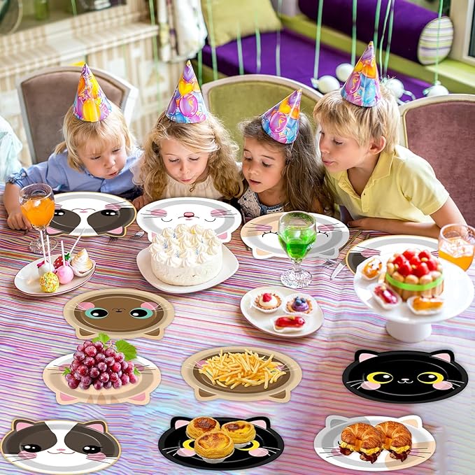 ZOIIWA 48Pcs Cat Theme Birthday Party Supplies Cartoon Kitten Paper Dinner Plates Disposable Cat Shaped Tableware Dinnerware Set for Kids Girls Birthday Baby Shower Party Table Decoration Favors