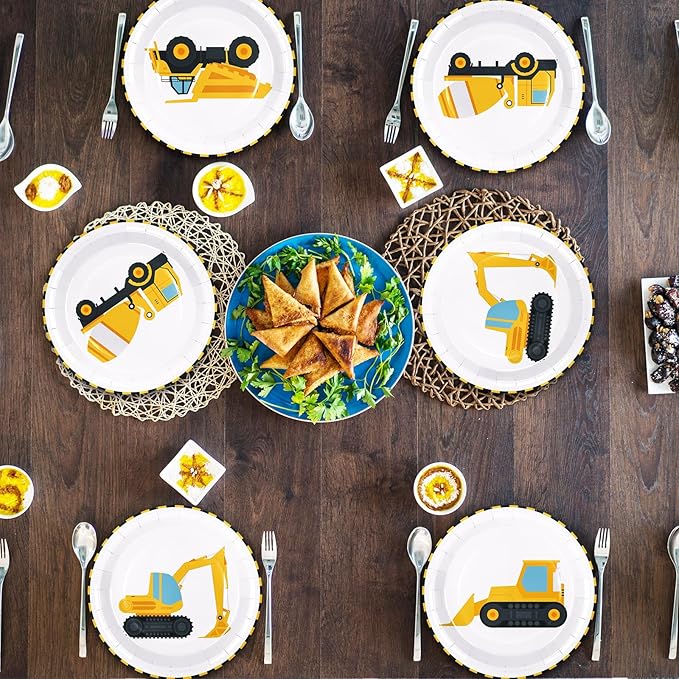 Whaline 40Pcs Construction Birthday Party Paper Plates Dump Truck Disposable Plates 4 Designs Tableware for Boys Kids Birthday Party Supplies Table Decor, 9 in