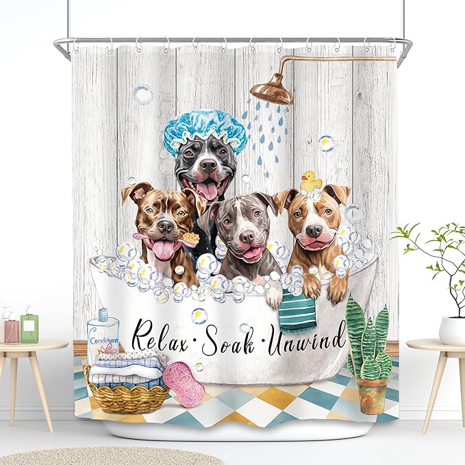 SVBright Funny Dog Shower Curtain 60Wx72L Inch Kids Cute Animals Farmhouse Puppy Shower Wooden Plank Bubbles Vintage Rustic 12 Pack Hooks Polyester Waterproof Fabric Bathroom Bathtub Panels