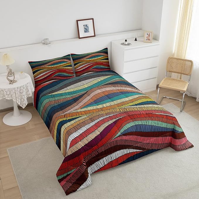 Boho Comforter Set Twin Bohemian Wavy Bedding Rainbow Embroidered Waves Bedding Comforter Sets Geometric Tribal Ethnic Bedroom Decor Colorful Abstract Lightweight Duvet Insert for Adult