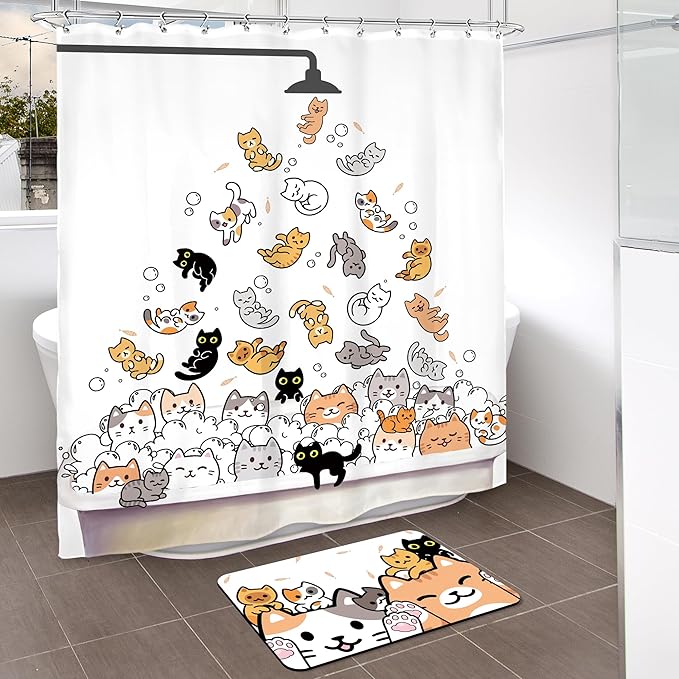 SVBright 2 PCS Shower Curtain Sets with Rug Cute Cat Kids Bathroom Set Nonslip Bathmat Quick Dry Funny Rubber Backed,Dirt Resistant,Bath Rug Mats Washroom Decor Shower Accessories 60Wx72H
