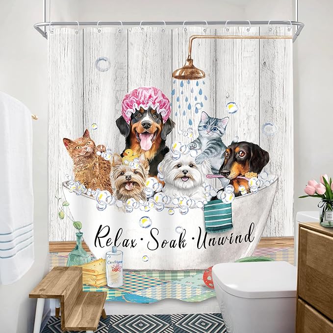 SVBright Funny Kids Shower Curtain 60Wx72L Inch Cute Dogs Cats Animal Taking a Bath in Bathtub Bubbles Farmhouse Hilarious Lovely Pets 12 Pack Hooks Polyester Waterproof Fabric Bathroom Bathtub Panels