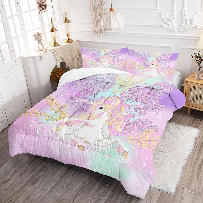 Unicorn Comforter Set Twin: Pink Purple Rainbow Unicorn Twin Bedding Sets for Girls Stars Cute Quilt Bed Set for Kids Teens Toddler Room Decor 1 Comforter & 1 Pillowcase
