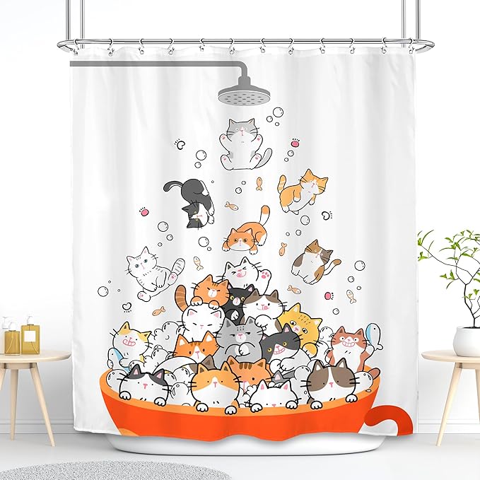 SVBright Cute Cats Shower Curtain 60Wx72L Inch Kids Cartoon Animal Funny Raining Hilarious Lovely Pets Playing Water Kawaii Girls Boys 12 Pack Hooks Polyester Waterproof Fabric Bathroom Bathtub Panels