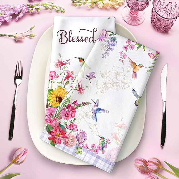 Spring Summer Bird Floral Tea Towels, Cotton Kitchen Towel 18.9 × 27.5 inch, Quick Drying Dish Cloth for Party Anniversary Holiday Decoration Housewarming Gifts