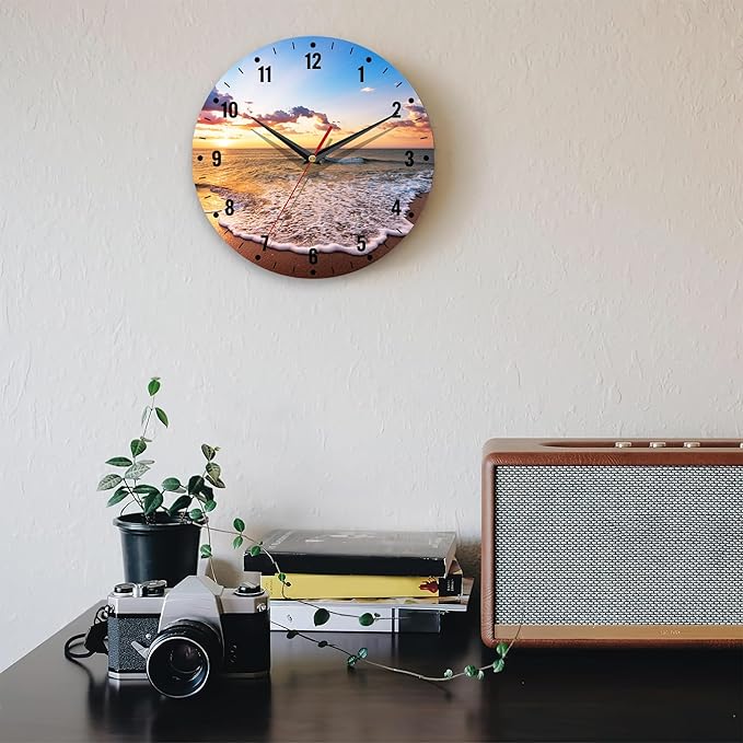 SPUNKER Clocks for Living Room,Ocean Beach Kitchen Wall Clock,Sea Sunrise Clocks 10 Inch Silent Non-Ticking Wall Battery Operated for Living Room Bedroom Bathroom Laundry Room Decor