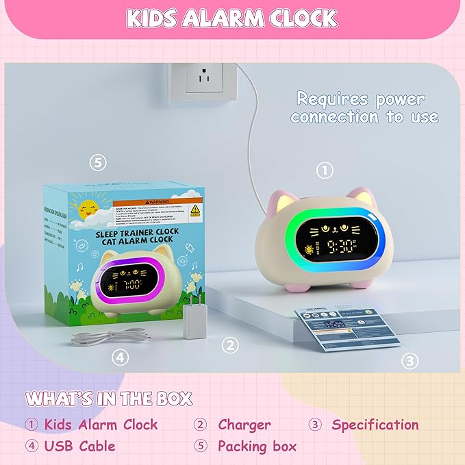 winshine Kids Alarm Clock, Ok to Wake Clock for Kids, Toddler Sleep Training Clock with Eye Protection, 10 Night Lights, Dual Alarms, Child Lock, Snooze, Timer - Cute Clock for Girls and Boys