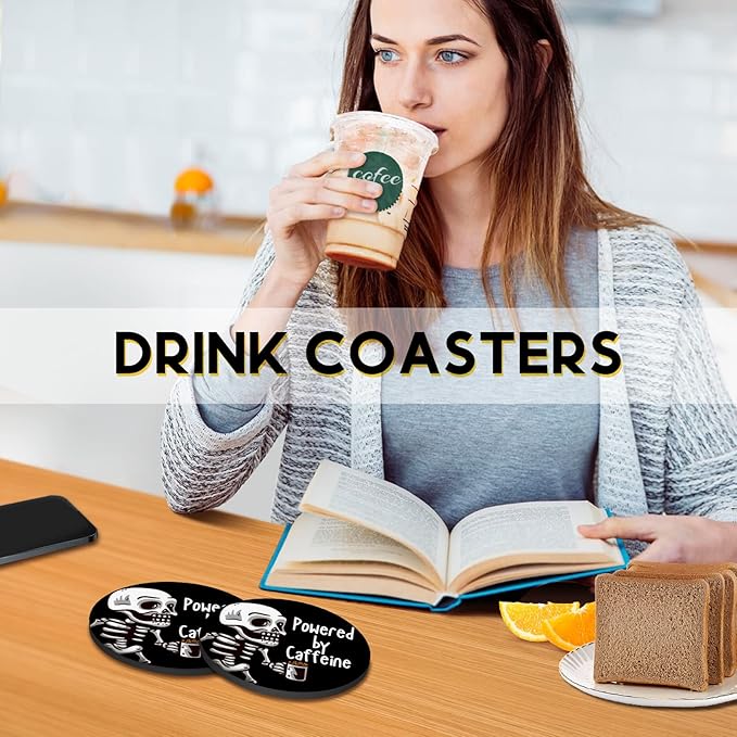 Swooflia Coasters for Drinks Coffee Table, Skull Coffee Powered Funny Black Silicone Absorbent Cup Coaster Set Housewarming Kitchen Home Wooden Desk Office Bar Tabletop Decor 6 Pack