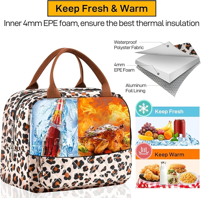 Buringer HOMESPON Lunch Bag for Woman Man Adults with Front Pocket Insulated Lunch Tote Lunch Box Container for Work Picnic or Travel(Leopard)