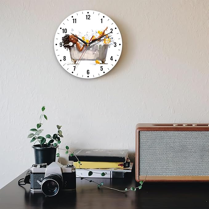 SPUNKER Wall Clocks,African Woman Bath Wall Clocks,Yellow Duck Battery Operated Wall Clock Silent Non-Ticking Decorative for Home Kitchen Bathroom Living Room Bedroom Office 10 Inch