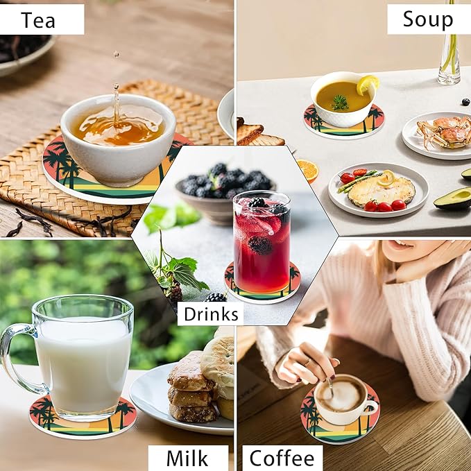 6 Pcs Drink Coasters with Holder,Palm Trees Beach Sunset Absorbent Round Ceramic Coaster for Tabletop Protection,for Coffee Cup Beverage Coasters Wine Beer Bar