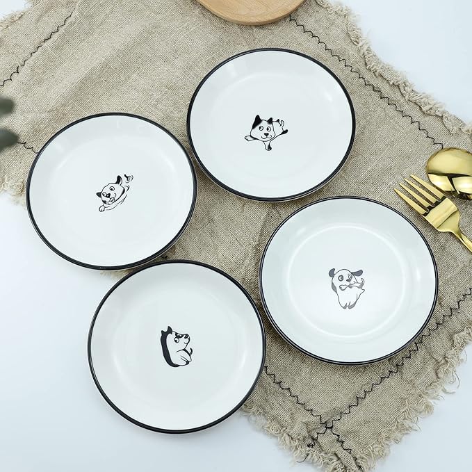 WAIT FLY 5 Inches Funny Happy Dog Pattern with Brush Strokes Ceramics Seasoning Dishes/Tea Bag Holders/Ketchup Saucer/Appetizer Plates/Seasoning Dipping Bowls, Set of 4