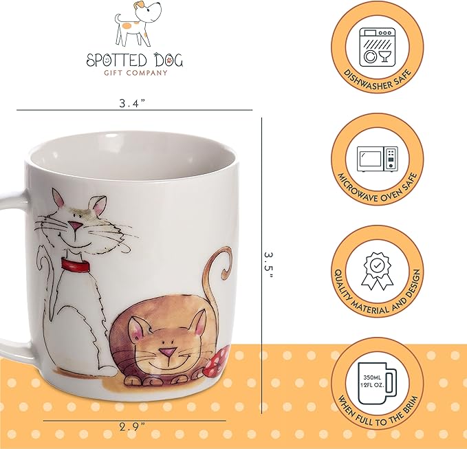 SPOTTED DOG GIFT COMPANY Cat Mug, Single Coffee Mug, Animal Themed Ceramic Tea Cup for Hot Drinks, Microwave Dishwasher Safe, Cute Kitchen Gifts for Cat Lovers - 12oz