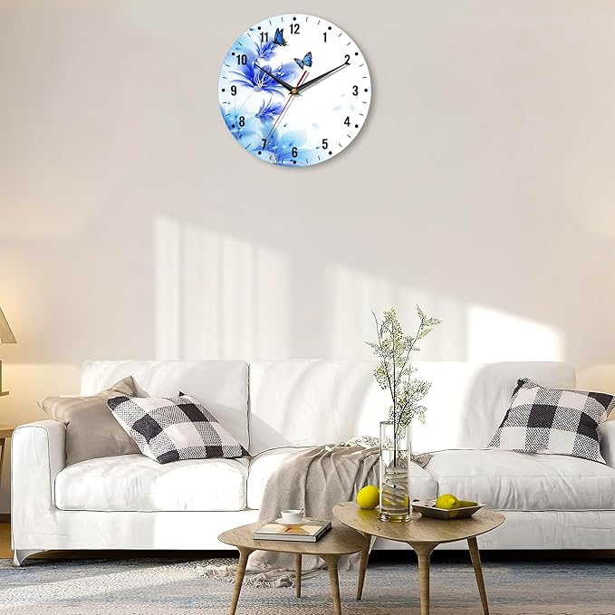 SPUNKER Clocks for Living Room,Blue Butterfly 10 Inch Wall Clock,Lily Flower Small Battery Operated Wall Clocks Decorative for Kitchen/Living Room/Bedroom/Bathroom/Dining Room