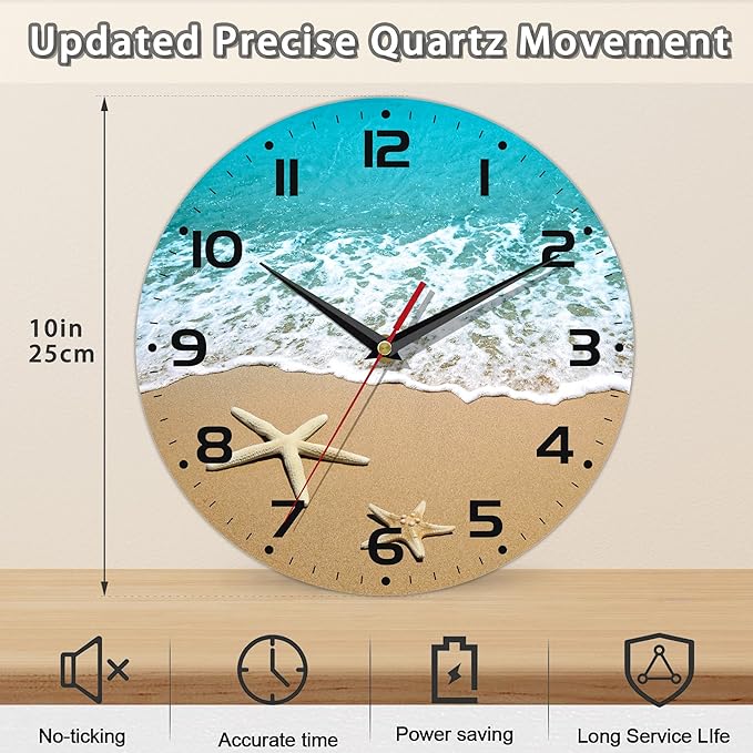 Starfish On A Beach Sand Wall Clock - Contemporary Home Decor, Easy to Read for Living Room, Bedroom, Bathroom and Kitchen, 10 Inch