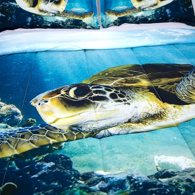 Turtle Comforter Set Queen Size Sea Bedding Set Ocean Animals Fishes Down Blanket Tortoise Comforters for Kids Boys Girls Bedroom Decoration
