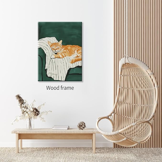 Sleeping Orange Cat poster Green Aesthetic Wall Art Preppy Funky Cute Animal Canvas Painting Gift For Cat Lover 16x24 inch Framed for Cozy Room Wall Decor