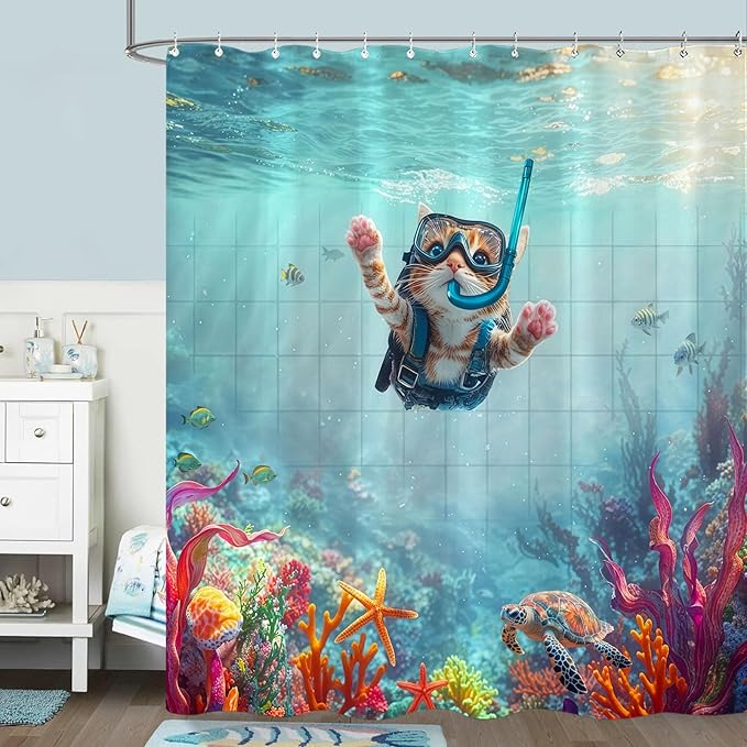 Yeoiat Dinosaur Shower Curtain Funny Shower Curtain Cat Ocean Shower Curtains for Bathroom Cute Shower Curtain Set with 12 Hooks Cat-01 72×72 Inches