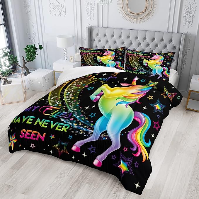AILONEN Unicorn Comforter Set for Girls Kids Teens, Rainbow Unicorn Bedding Set Twin Size,Colorful Neon Unicorn Printed Quilted Duvet,Cartoon Quilt, Easy Care,1 Comforter 2 Pillowcases 3 Piece