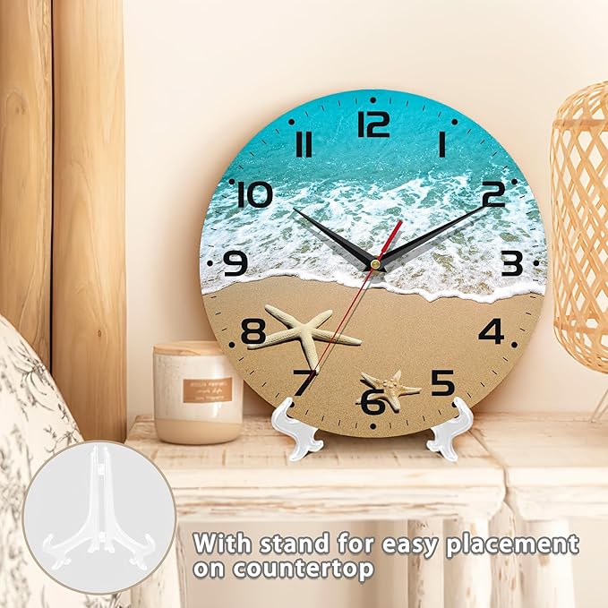 Starfish On A Beach Sand Wall Clock - Contemporary Home Decor, Easy to Read for Living Room, Bedroom, Bathroom and Kitchen, 10 Inch