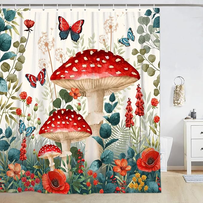 Boho Mushroom Shower Curtain, Floral Woodland Farmhouse Cottagecore Aesthetic Sage Green Eucalyptus Shower Curtain Set, Fairy Witchy Plant Botanical Flower Fabric Bathroom Curatin with Hooks 72X72