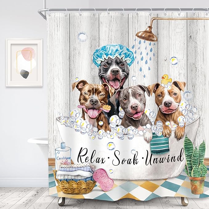 SVBright Funny Dog Shower Curtain 60Wx72L Inch Kids Cute Animals Farmhouse Puppy Shower Wooden Plank Bubbles Vintage Rustic 12 Pack Hooks Polyester Waterproof Fabric Bathroom Bathtub Panels
