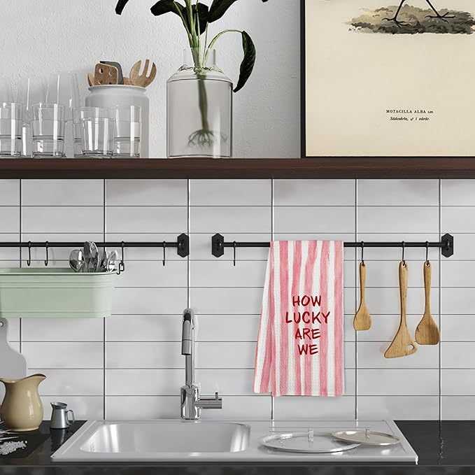 Trendy Pink Red Striped Kitchen Towels, How Lucky are We Decorative Hand Towels, Pink Girly Dish Tea Towels for Kitchen Decor, Trendy Preppy Bathroom Decor, 16x24 Inch