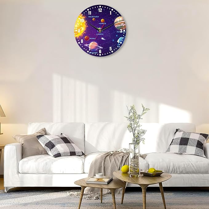 SPUNKER Wall Clock,Solar System 10 Inch Wall Clock,Planets Sun Earth Small Battery Operated Wall Clocks Decorative for Kitchen/Living Room/Bedroom/Bathroom/Dining Room