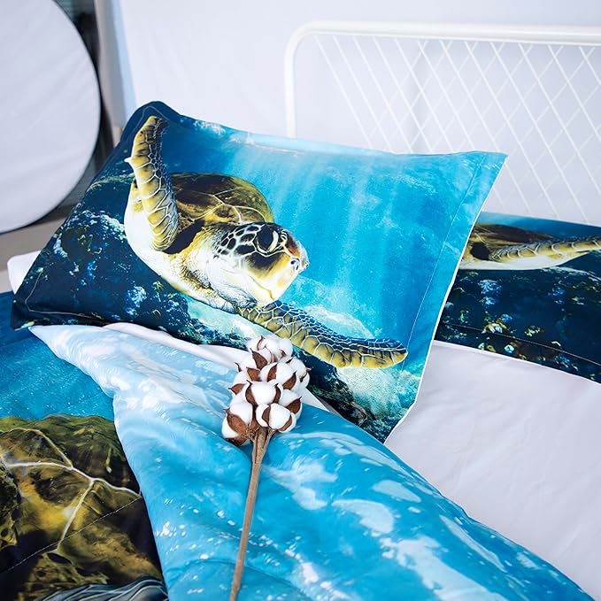 Turtle Comforter Set Queen Size Sea Bedding Set Ocean Animals Fishes Down Blanket Tortoise Comforters for Kids Boys Girls Bedroom Decoration