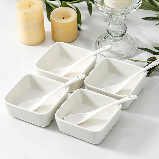 UIBFCWN 3.5 Inch Ceramic Soy Sauce Dish, Square Dipping Bowls with Serving Spoons Set, Ramekins for Sauces, Side Dishes, Appetizers (8 Bowls + 8 Spoons)