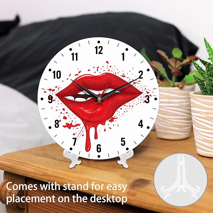SPUNKER Clock for Bedroom,Red Lip Wall Clocks,Woman Sexy Biting Lips Battery Operated Wall Clock Silent Non-Ticking Decorative for Home Kitchen Bathroom Living Room Bedroom Office 10 Inch