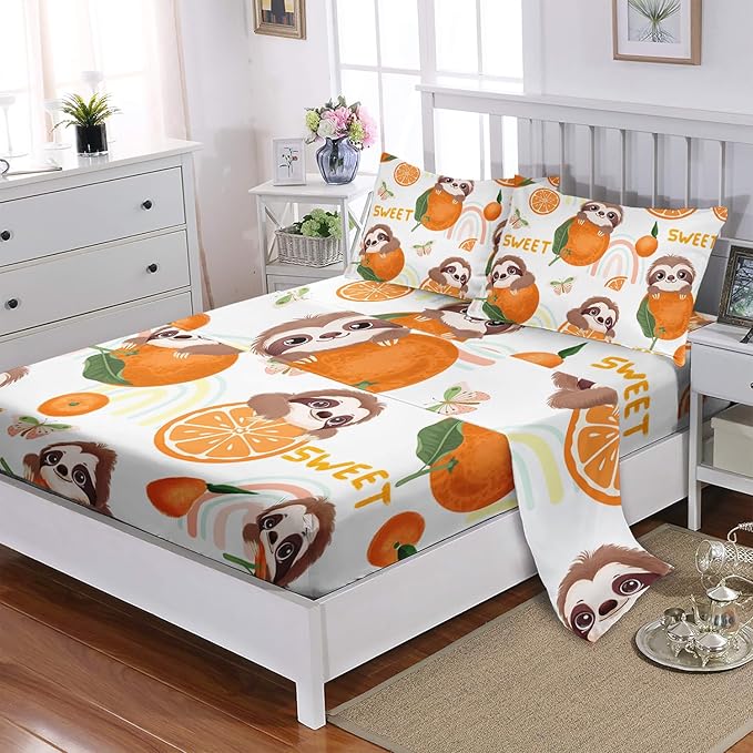 Brown Sloth & Orange Butterfly 4Pcs Rainbow Sweet Pattern Bedding Set for Kids - Queen Size with 1 Flat & 1 Fitted Sheet + 2 Pillowcases
