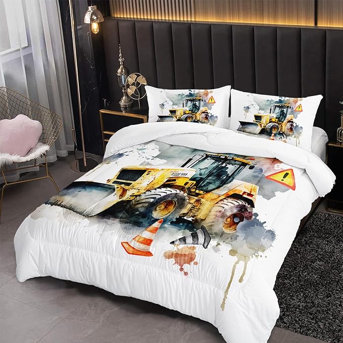 Bulldozer Comforter Set Queen Engineering Vehicle Bedding Sets 3PCS for Kids Teen Adult Toy Room Decor Ultra-Soft Lightweight Microfiber 1 Comforter with 2 Pillowcases