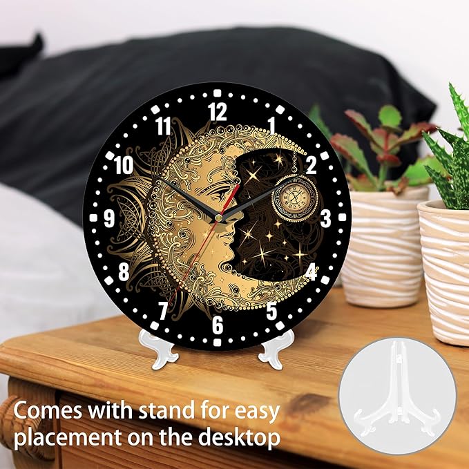 SPUNKER Clock for Bedroom,Boho Moon Sun Wall Clock Battery Operated 10 Inch,Golden Mandala Round Clock Silent Non-Ticking Wall Decor for Farmhouse Office Home School Living Room Bedroom