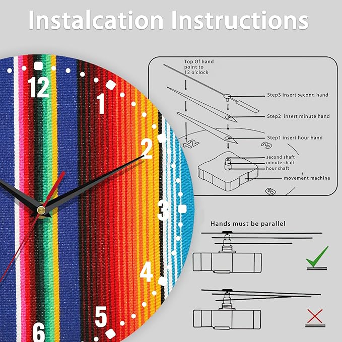 SPUNKER Wall Clocks,Colorful Mexican Wall Clocks for Living Room Decor,Stripes Lines Art Kitchen Clocks Wall Battery Operated - 10 Inch Round Bathroom Wall Clock Silent Non-Ticking