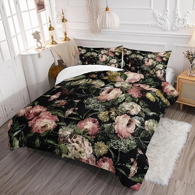 Boho Floral Comforter Set King Black Floral Bedding Sets 3PCS for Kids Teen Adult Flowers Leaves Room Decor Ultra-Soft Lightweight Microfiber 1 Comforter with 2 Pillowcases