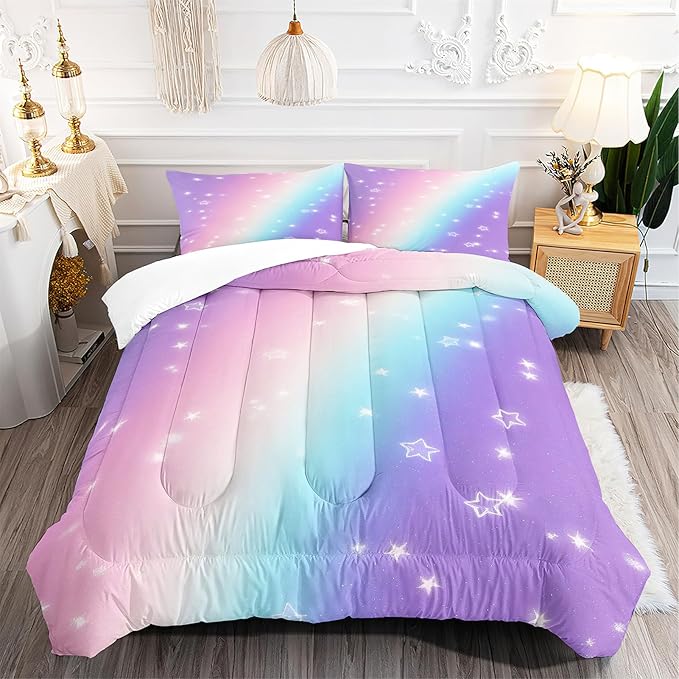Starry Rainbow Comforter Set Queen Size for Teen Girl Women,Star Printed Comforter Set,Ultra Soft Microfiber 3 Piece Bedding Set 1 Comforter and 2 Pillowcases,All Season